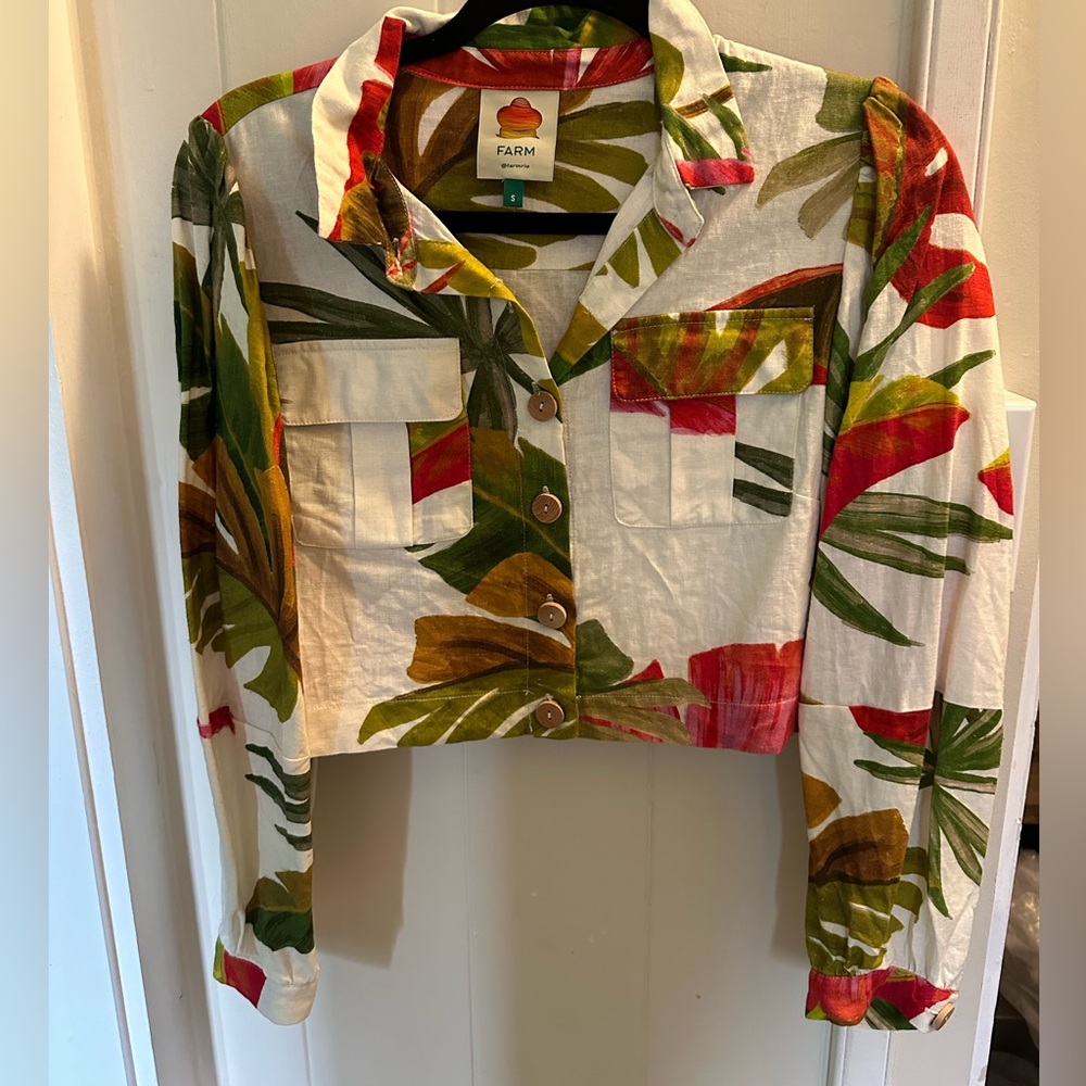 Farm Rio Forest Linen Blend Cropped Boxy Shirt Size Small - Picture 5 of 6